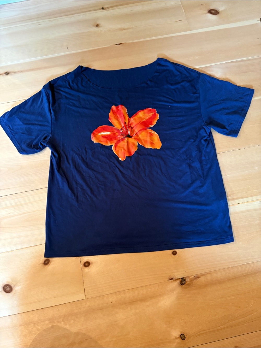 SHEIN Navy Short Sleeve Tee with Orange Floral Center